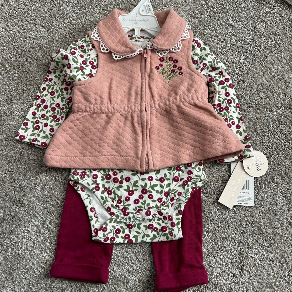 2/$15 NWT Catherine Malandrino Pink Quilted Vest set of 3 Pants long onesie VEST